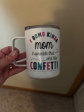 Mom Confetti Travel Mug - White with Multicolor Text